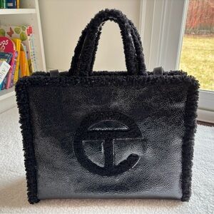 Telfar x UGG Black Cow Leather Sheepskin Shearling Trim Medium Patent Tote Bag